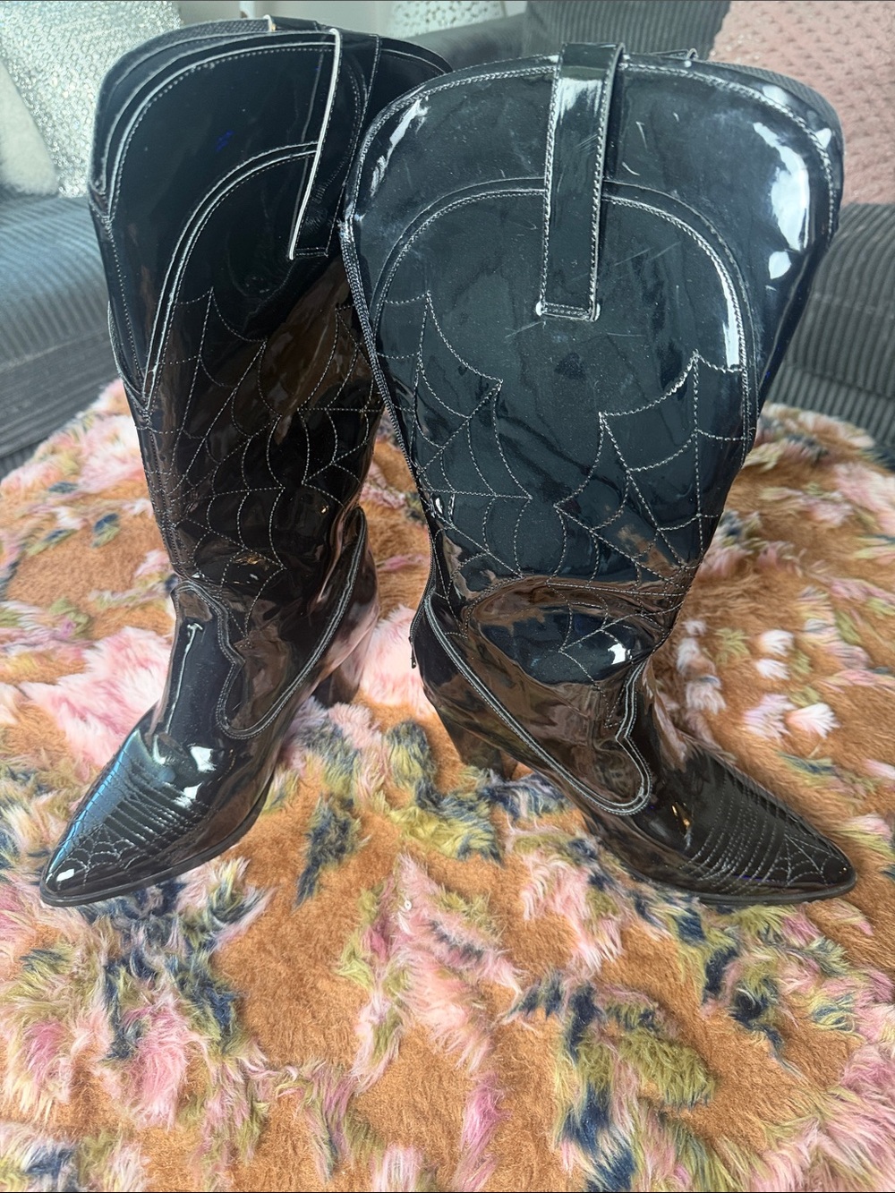 Black Patent Mid-Calf Western Block Heel Boots